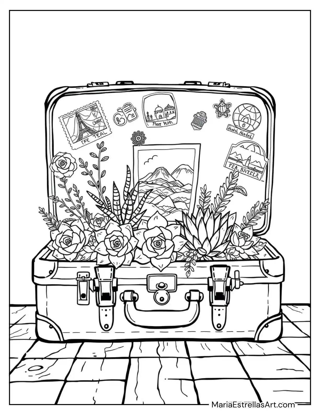 Succulents Peeking Out from an Ancient Suitcase with Travel Stickers and a Postcard Tucked In Coloring Sheet