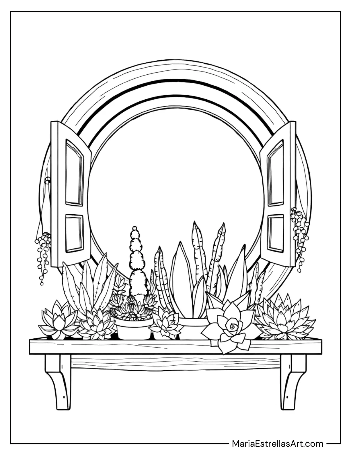 Succulents Positioned by a Circular Window, with Decorative Wooden Panels Coloring Sheet