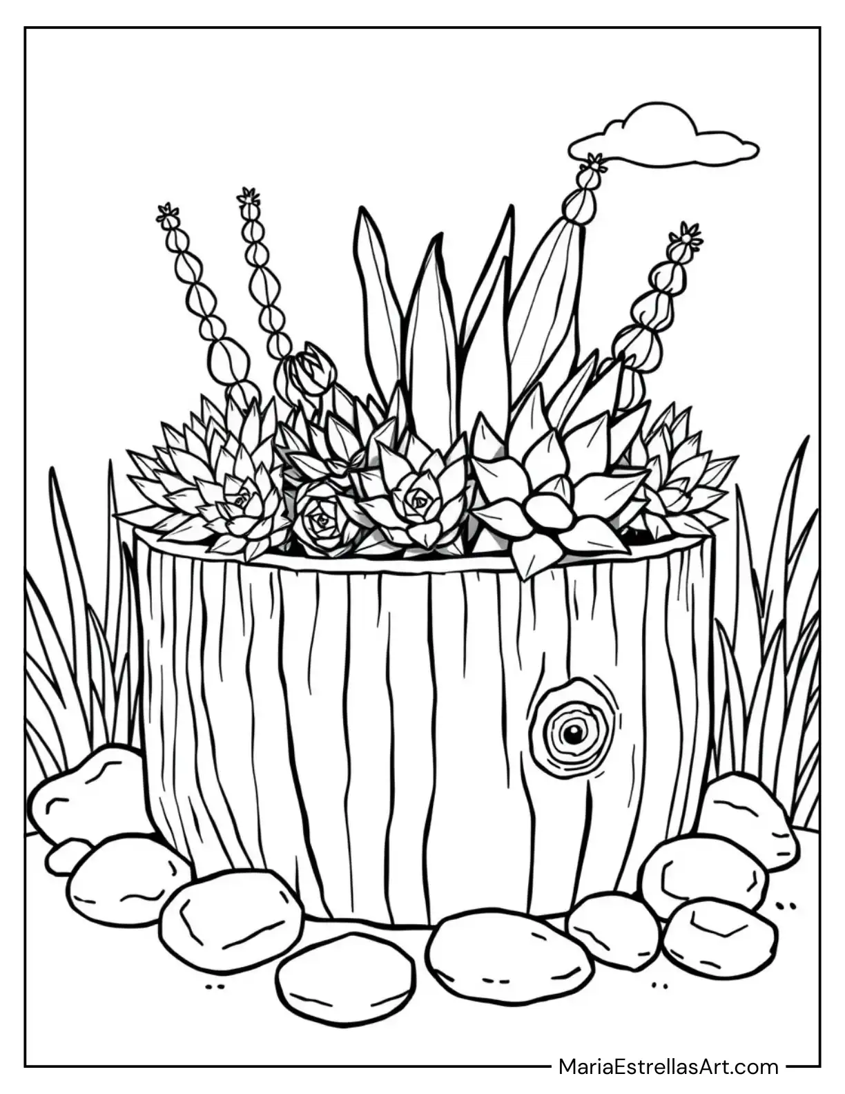 Succulents in a Rustic Wooden Planter and Stones Surrounding the Plants Coloring Page