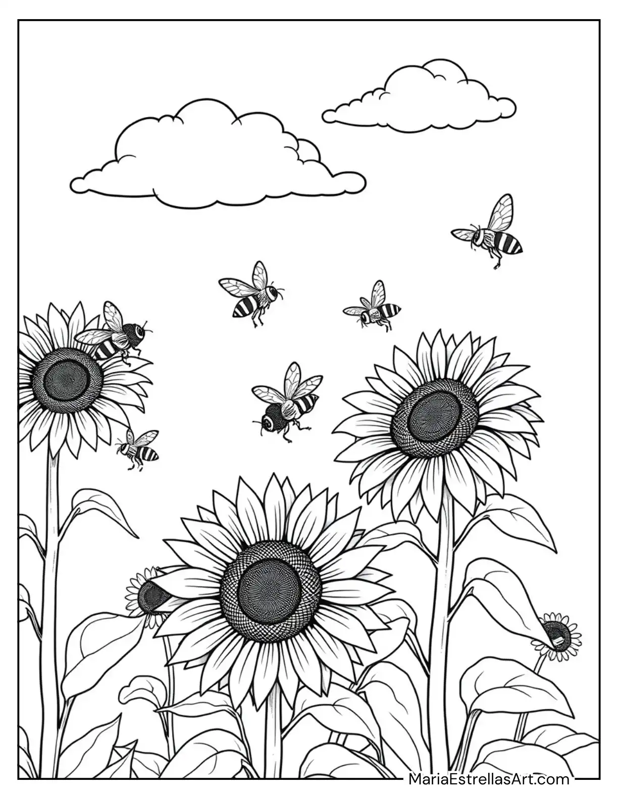 Sunflowers with Bees and Clouds to Color for Kids