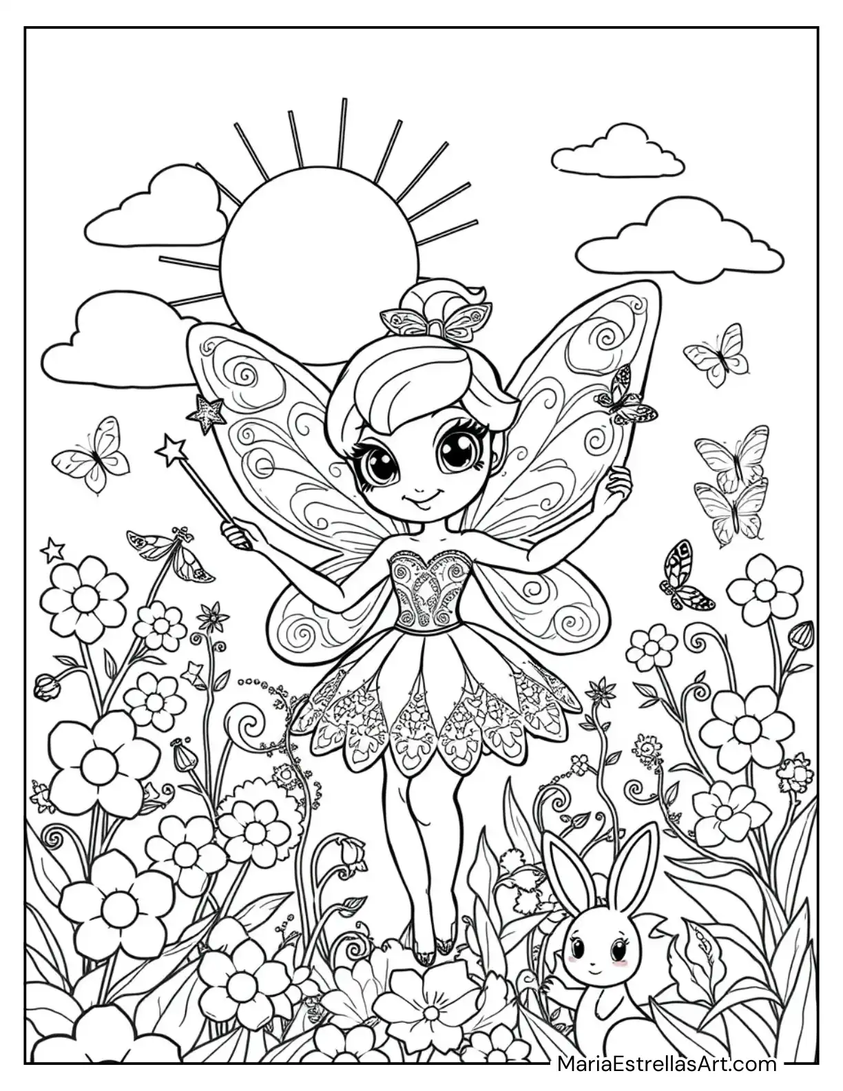 Sweet Fairy Princess with Big Eyes and a Fluffy Tutu Holding a Magic Wand Coloring Sheet