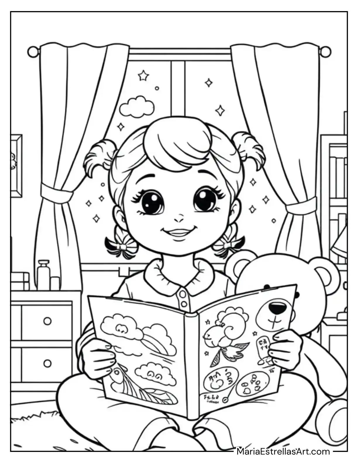 Sweet Girl in Pajamas Reading a Storybook to Her Teddy Bear Coloring Page