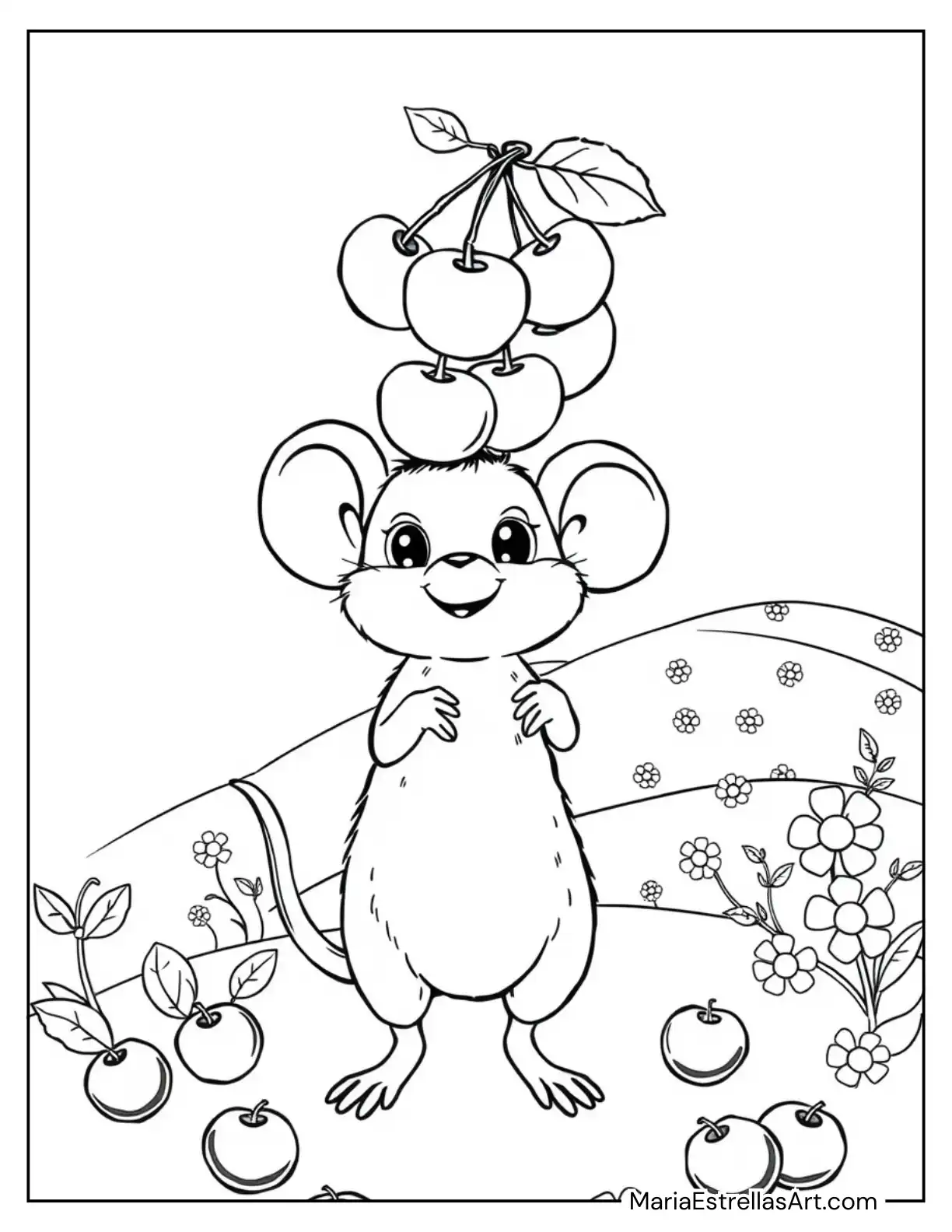 Sweet Little Mouse with a Stack of Cherries Coloring Sheet