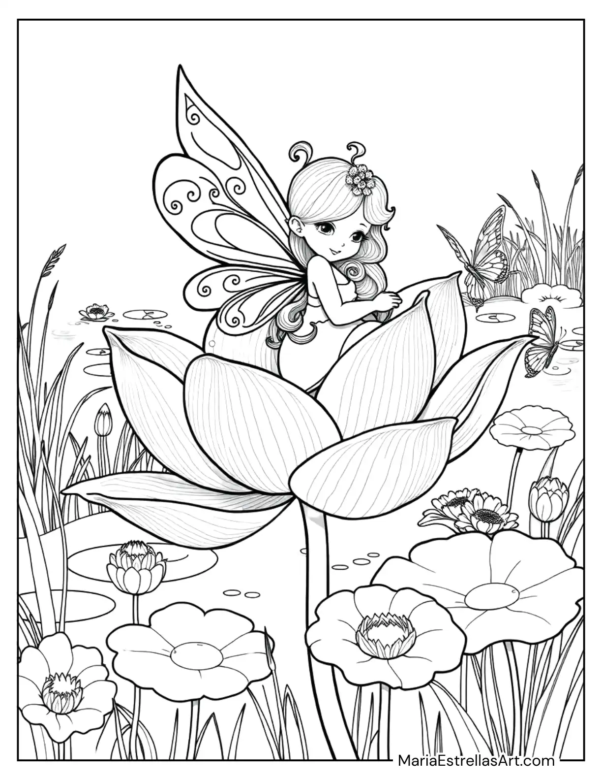 Tiny Fairy Resting on a Lotus Flower in a Tranquil Pond Coloring Page