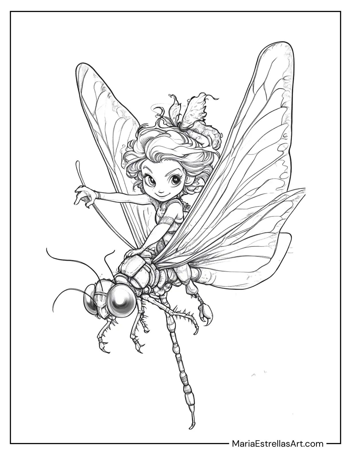 Tiny Fairy Riding a Dragonfly to Color for Kids