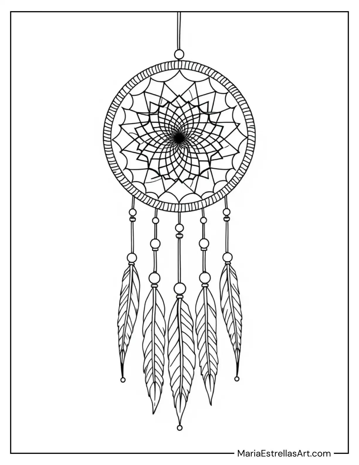 Traditional Dreamcatcher with Feathers and Beads Coloring Page