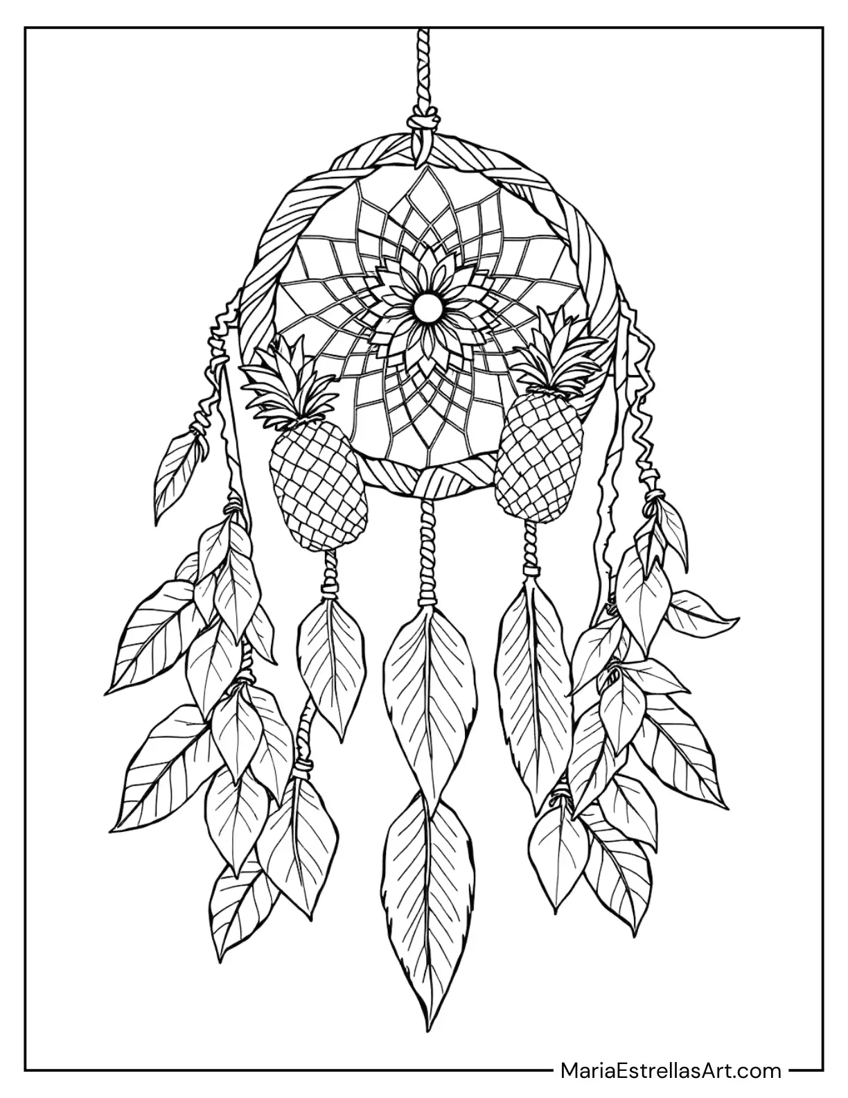 Tropical Dreamcatcher with Hanging Pineapples and Leaves Coloring Sheet