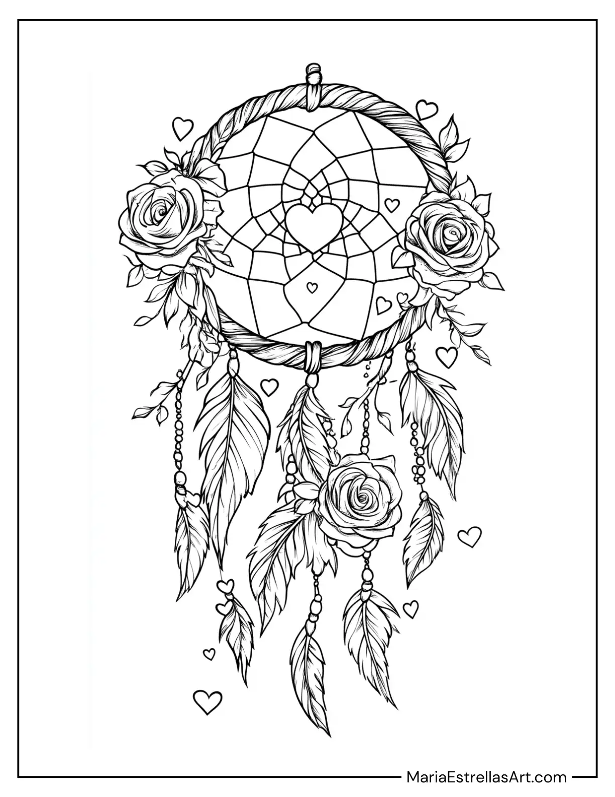 Valentine’s Day Dreamcatcher With Hearts and Roses Coloring Page