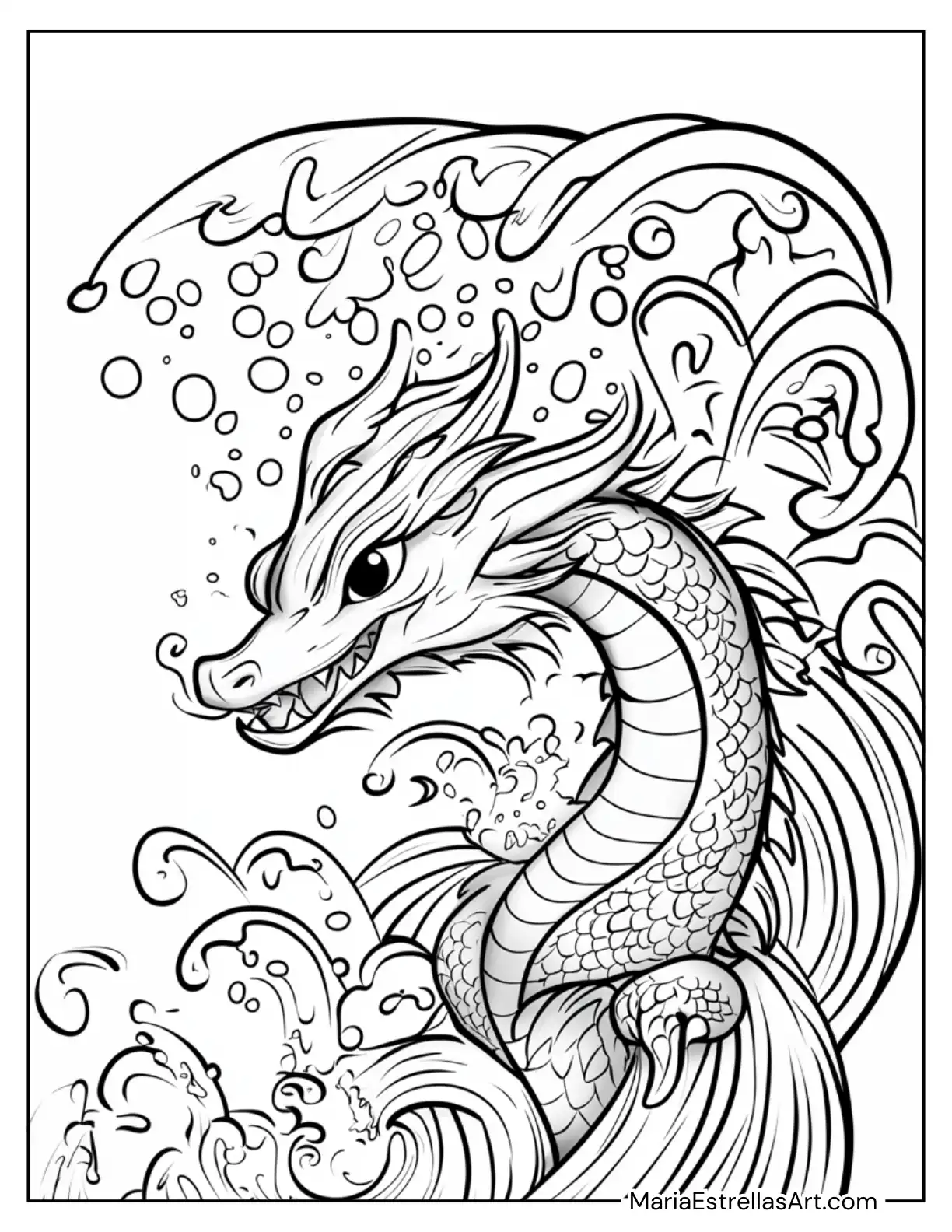 Water Dragon Splashing Through Ocean Waves Coloring Page