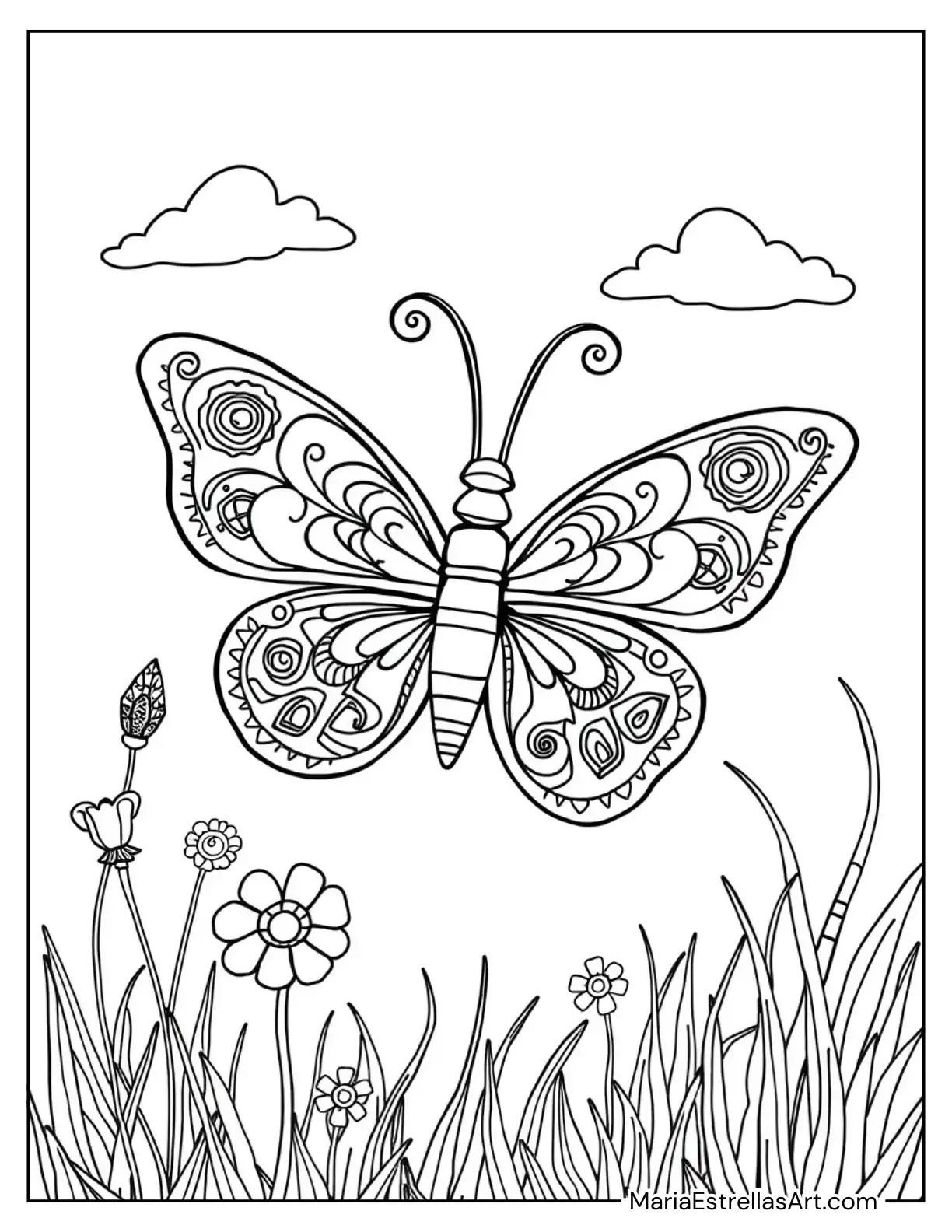 Whimsical Butterfly with Intricate Wing Patterns to Color for Kids