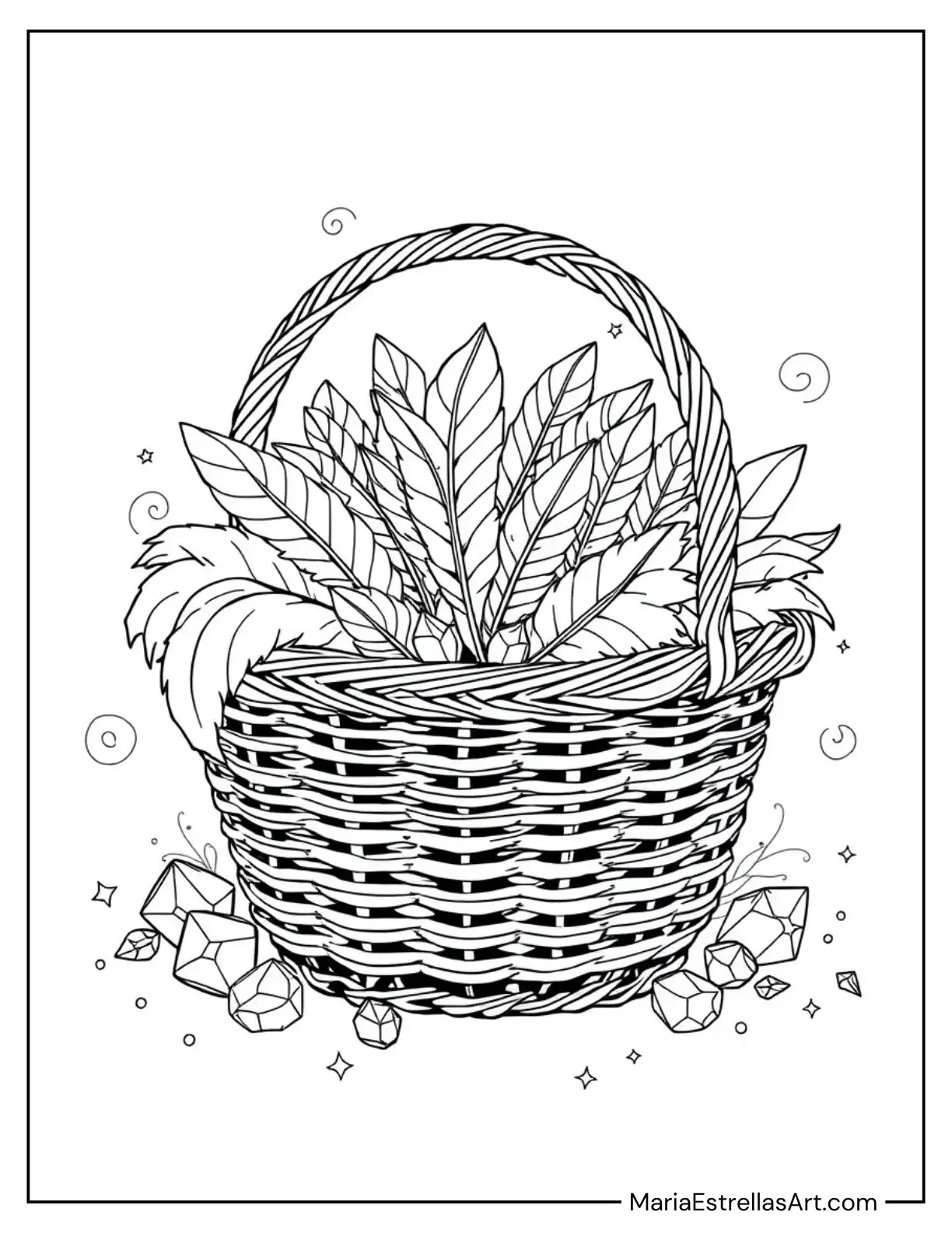 Wicker Basket Filled with Feathers and Crystals Coloring Page