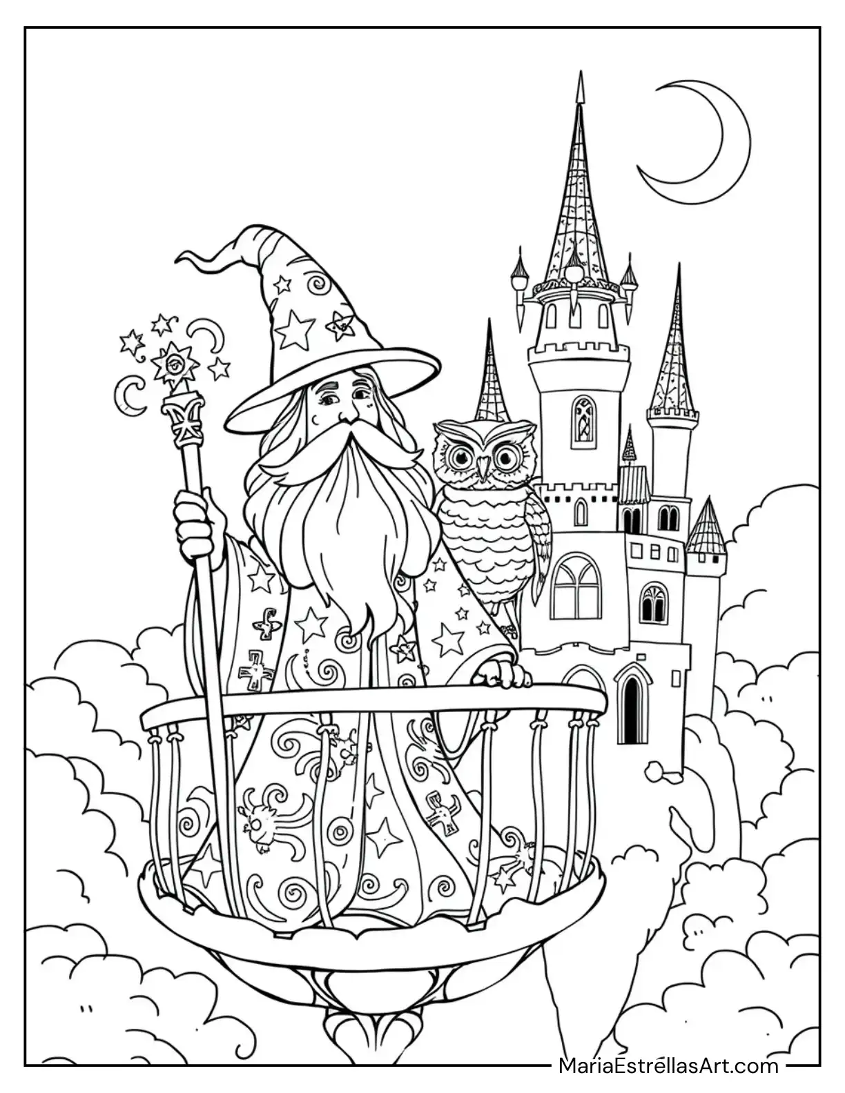 Wizard and His Magical Owl in a Floating Castle Coloring Page