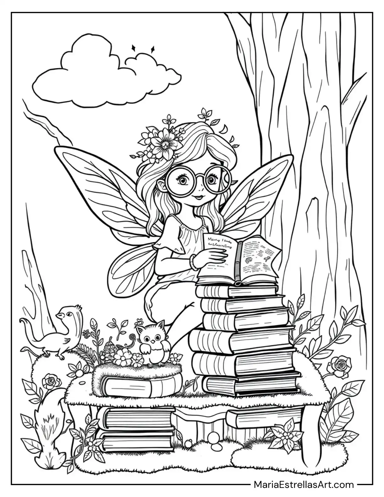 Woodland Fairy Librarian with Glasses Organizing Tiny Books on a Mossy Shelf Coloring Page