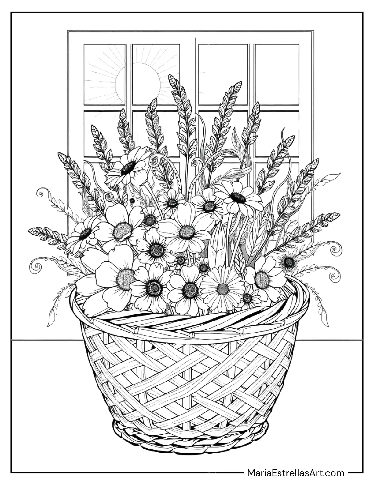 Woven Basket Filled with Dried Flowers and Grass Coloring Page