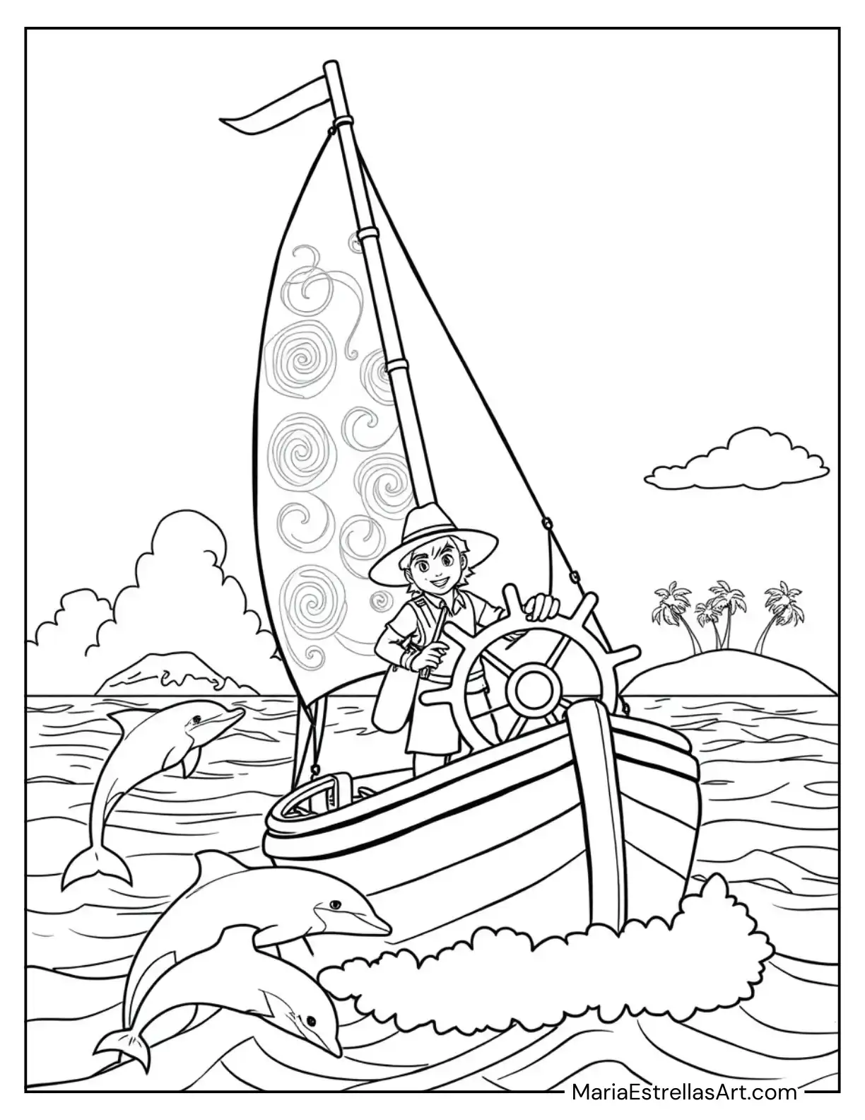 Young Adventurer on a Sailboat Exploring the Ocean Coloring Page