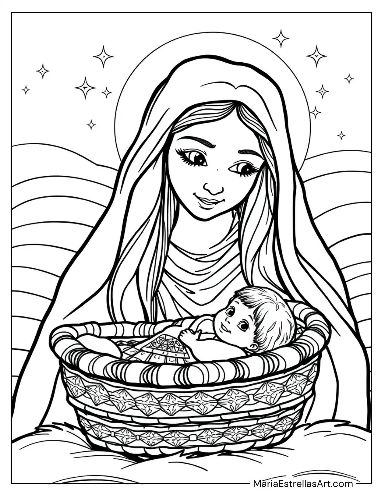 A Close-Up of Mary’s Gentle Smile as She Gazes at Baby Jesus Coloring Sheet