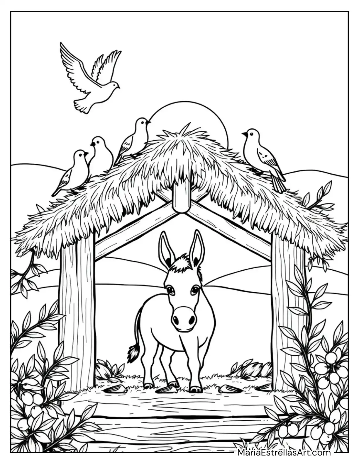 A Frame of Doves and Olive Branches Surrounding the Stable Scene Coloring Sheet