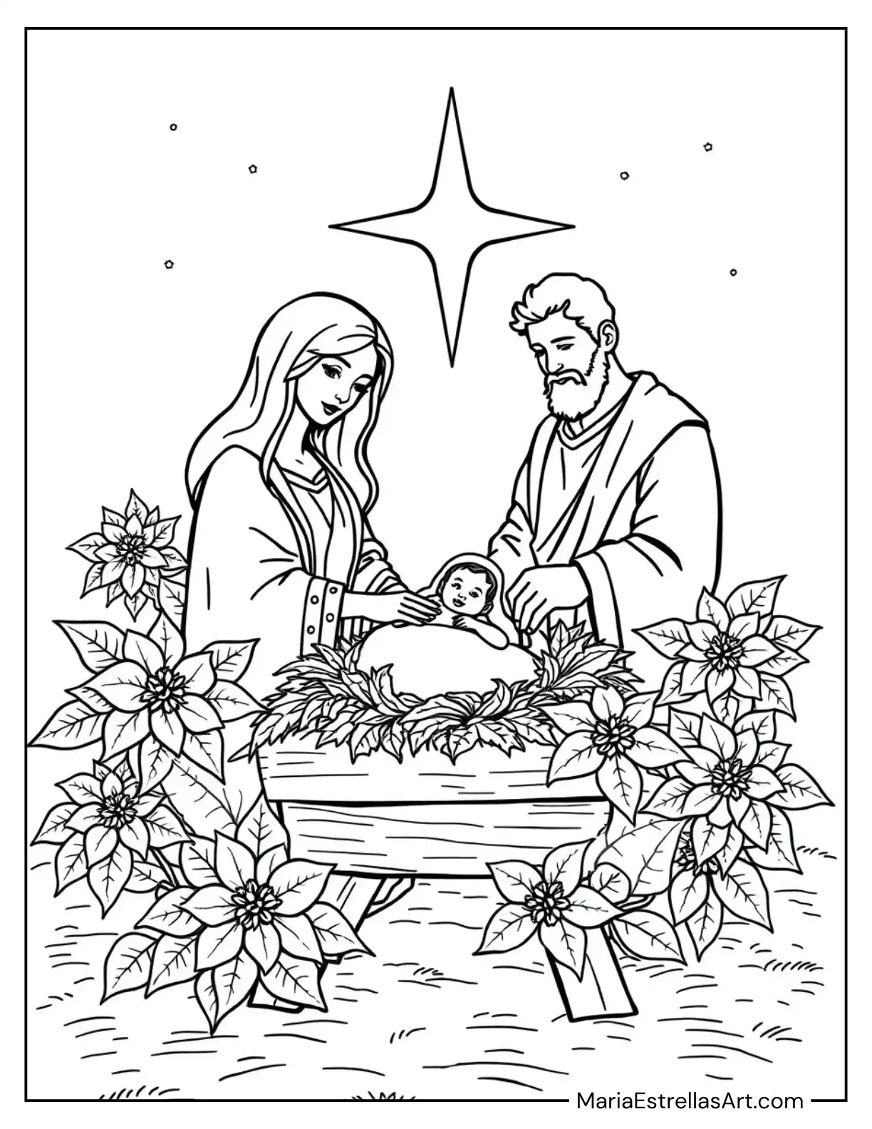 A Nativity Scene Surrounded by Poinsettias and Holly Leaves Coloring Page