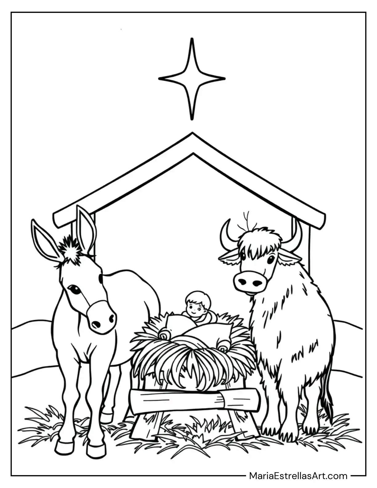 A Nativity Scene With a Donkey and Ox Watching Over Jesus Coloring Page