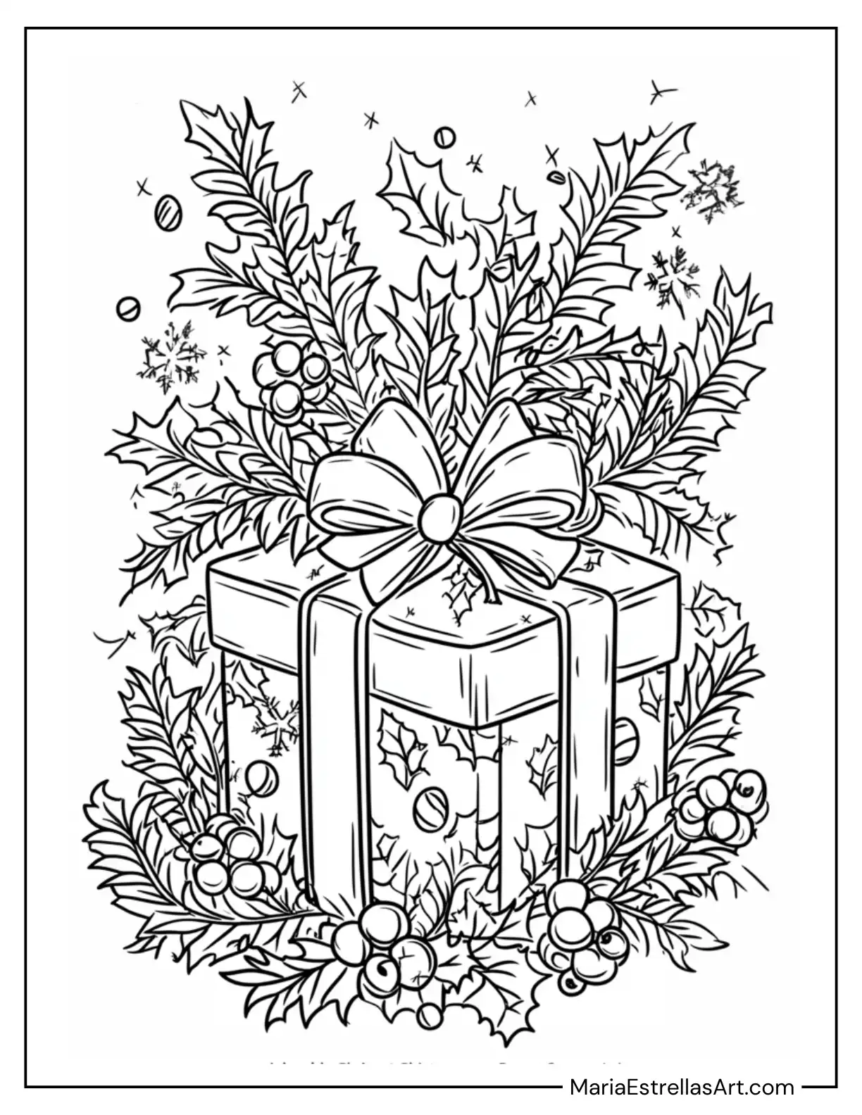 Adorable Christmas Present Surrounded by Holly and Berries Coloring Sheet