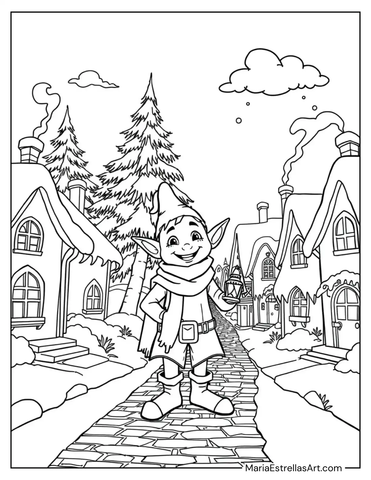 Adventurous Elf Exploring a Frosty Village Coloring Page