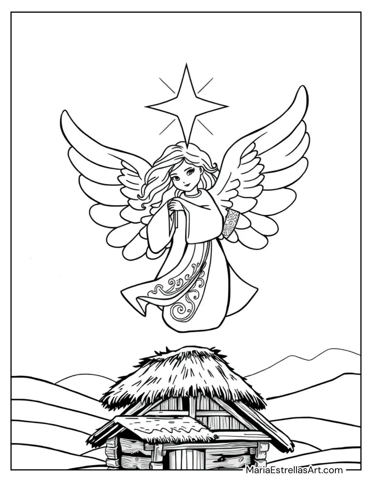 An Angel Proclaiming the Good News Above the Stable Scene Coloring Page