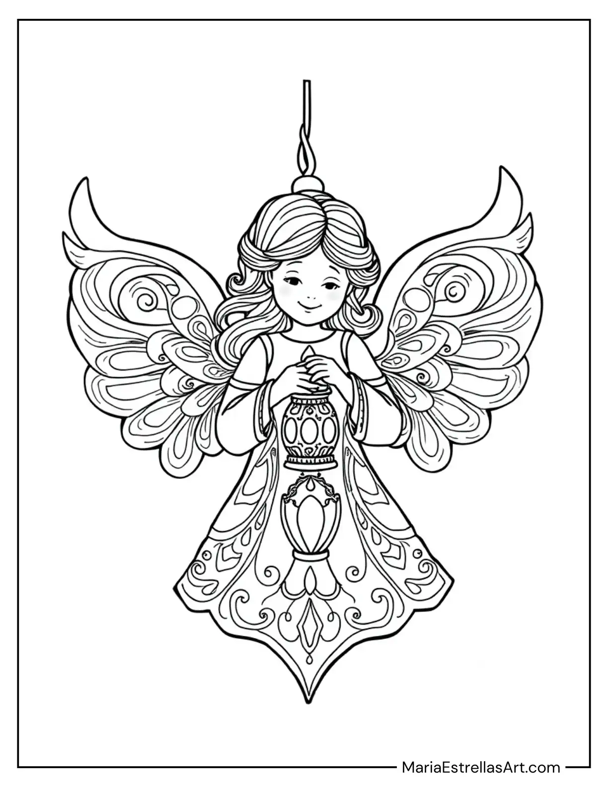 Angel Ornament Holding a Lantern With Flowing Wings Coloring Page