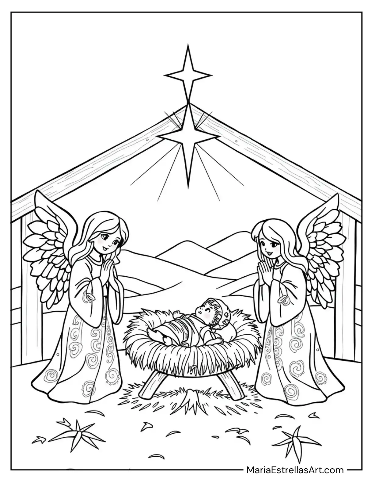 Angels Watching Over Baby Jesus in the Nativity Scene Coloring Sheet