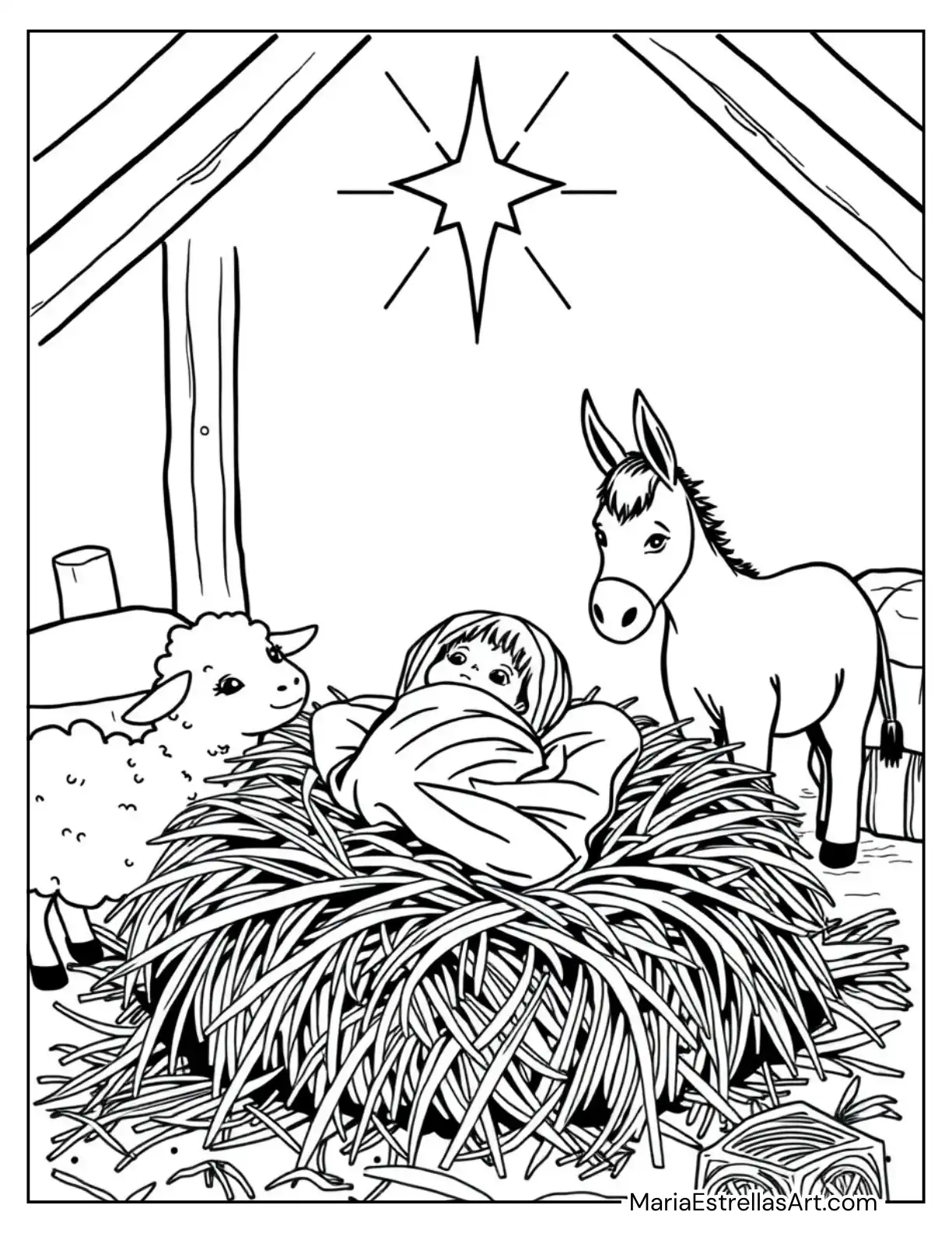 Baby Jesus Cradled in a Bed of Hay Nativity Coloring Sheet