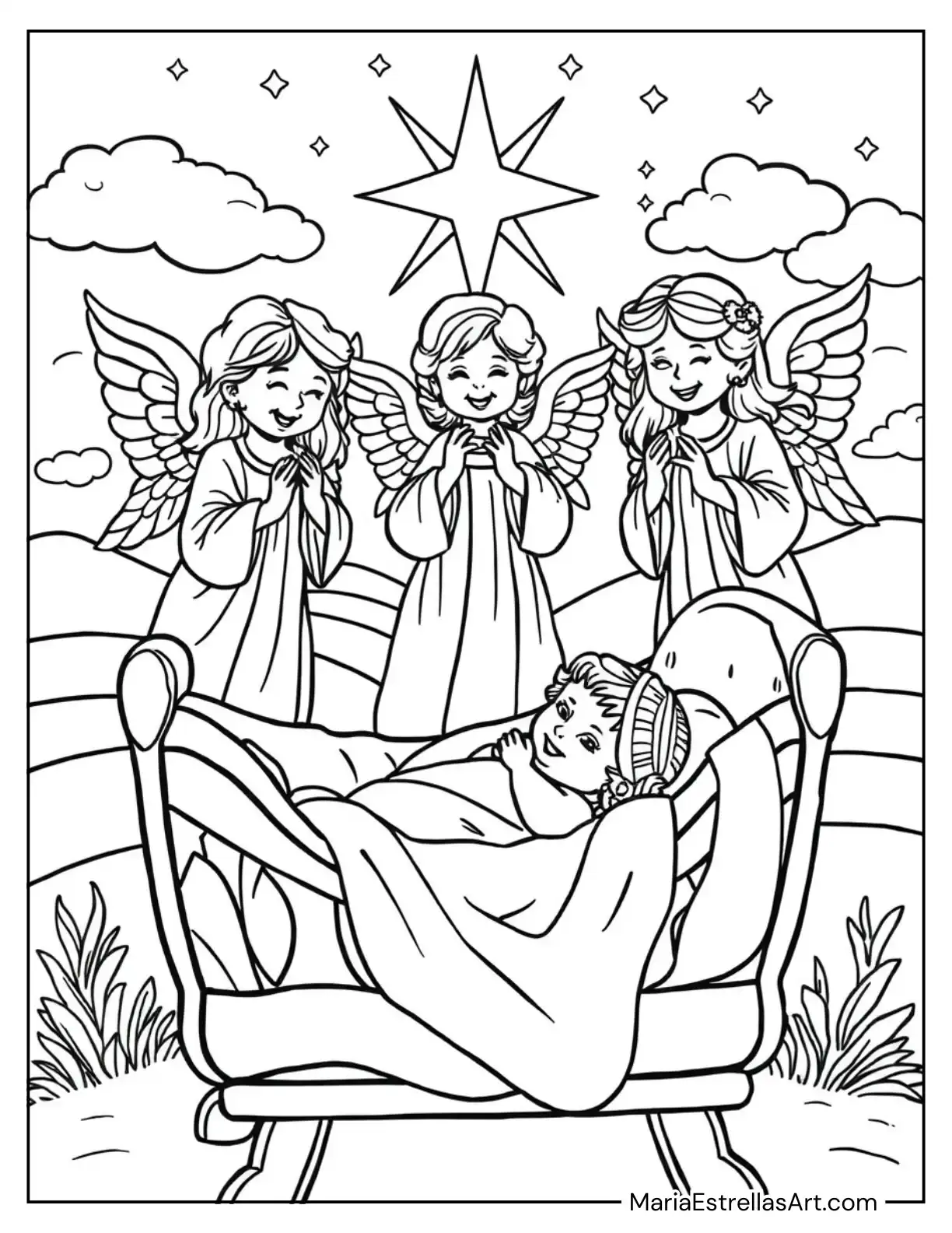 Baby Jesus in the Cradle With Angels Singing Above to Color for Kids