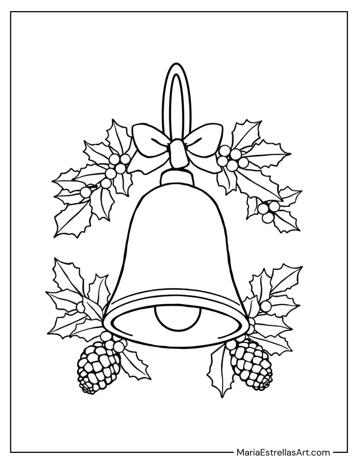 Bell Ornament Surrounded by Holly and Pinecones to Color for Kids