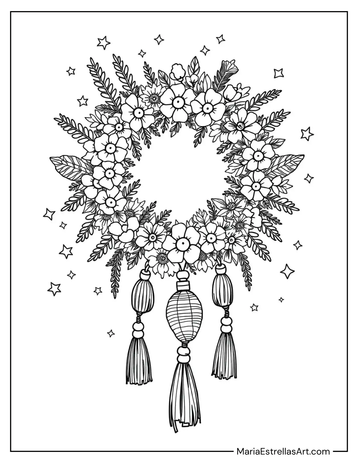 Boho Christmas Wreath With Tassels and Dried Flowers Coloring Sheet