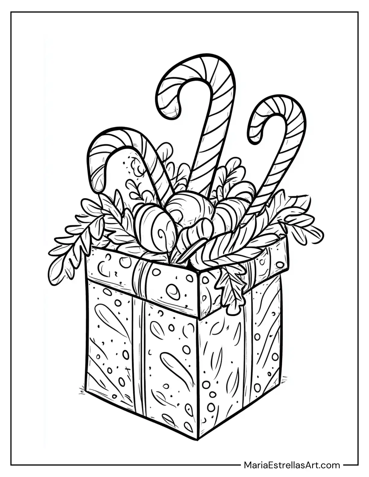 Box of Joy Overflowing With Candy Canes Coloring Sheet