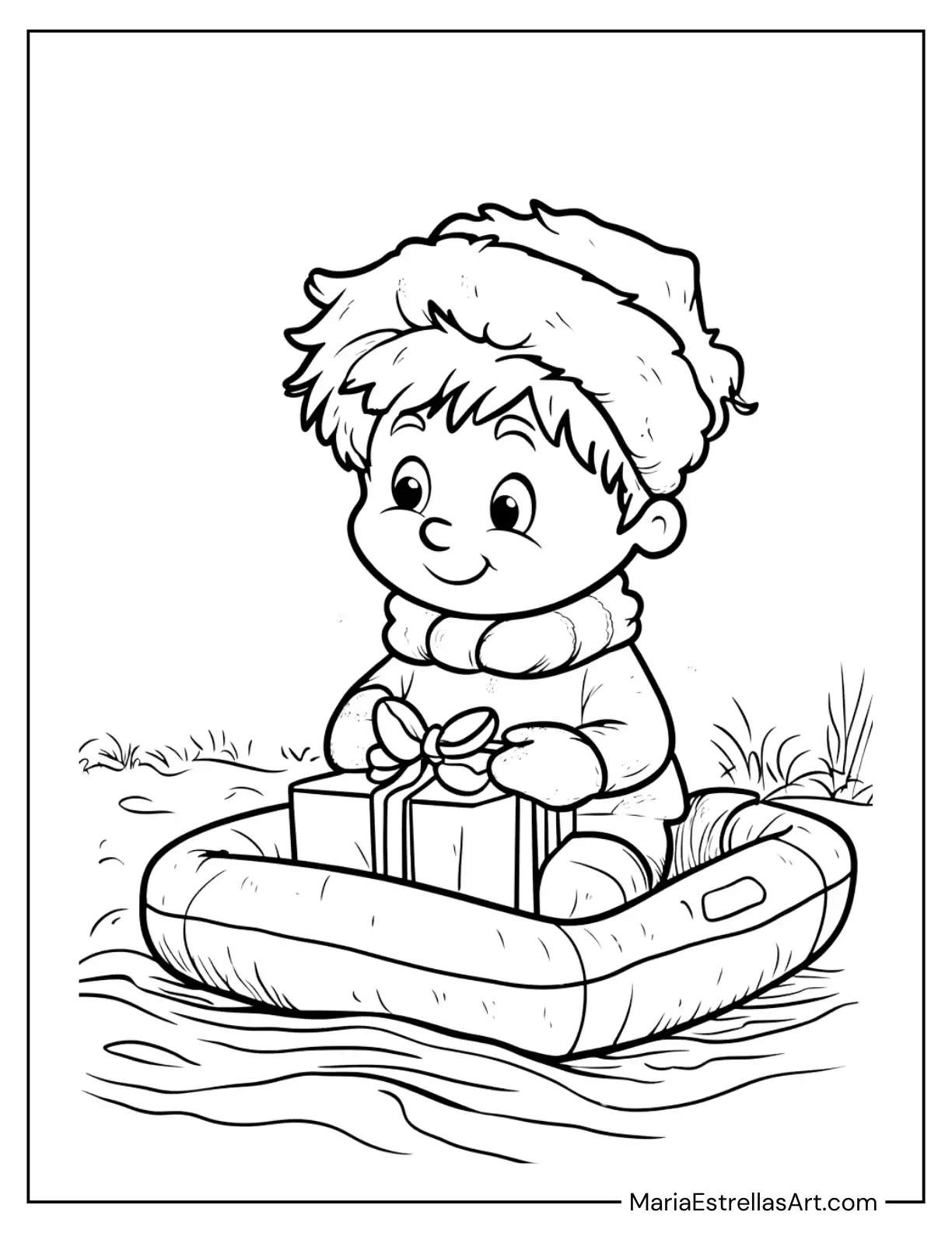 Boy Opening a Present on a Floating Raft Coloring Page