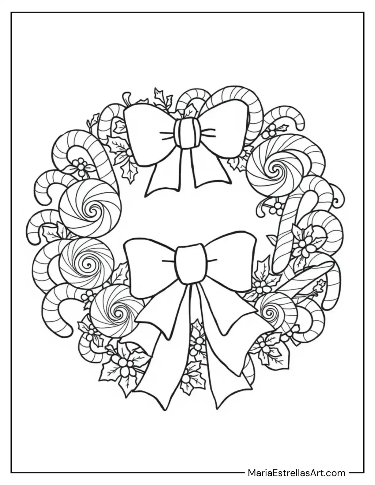 Candy Cane Christmas Wreath With Peppermint Details Coloring Sheet