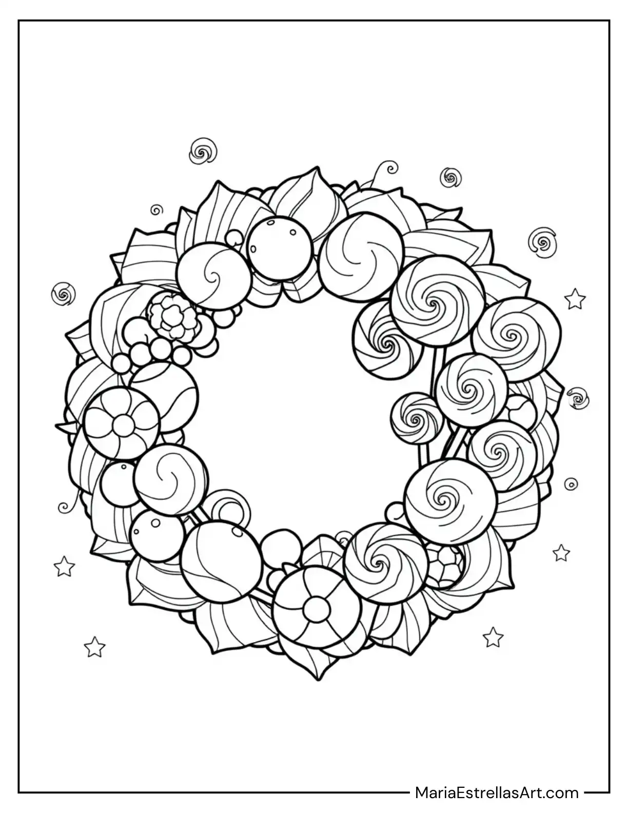 Candy-Themed Wreath With Gumdrops and Lollipops Coloring Page