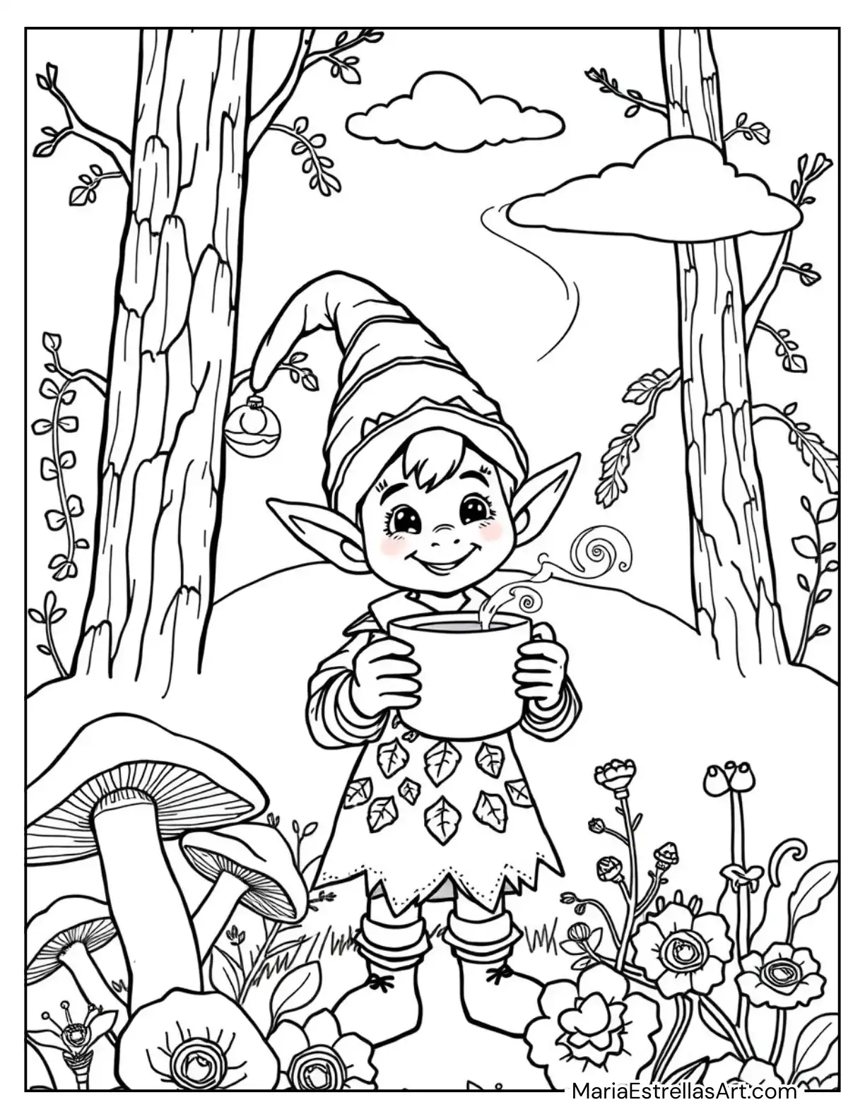 Charming Elf Holding a Cup of Hot Chocolate Coloring Sheet