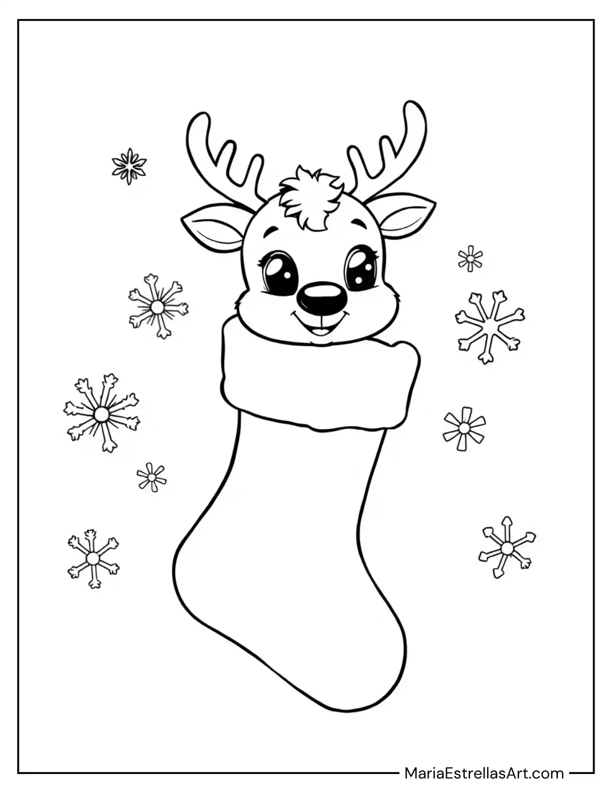 Chibi Christmas Stocking With Cute Reindeer and Snowflakes Coloring Sheet