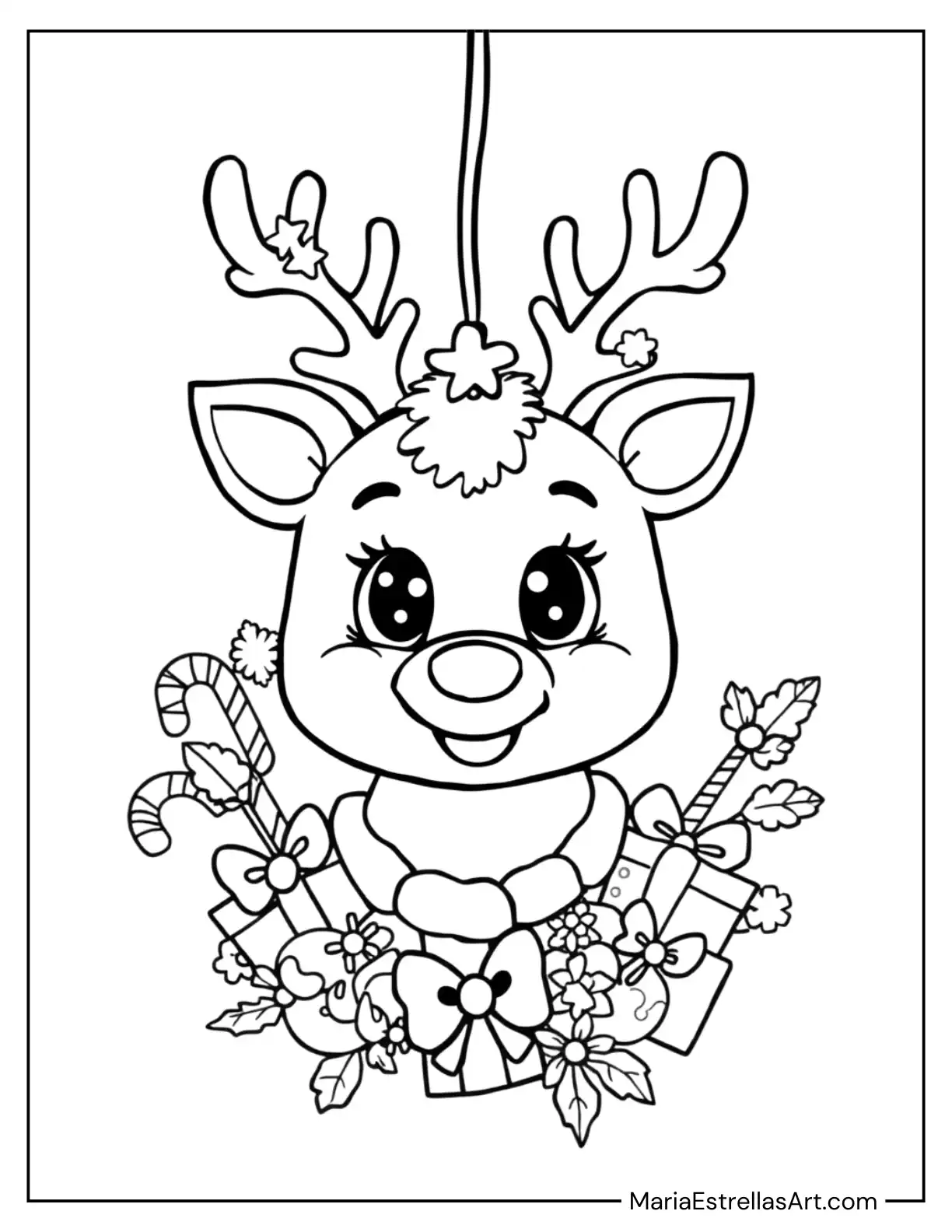 Chibi Reindeer Face Ornament Coloring Page for Kids