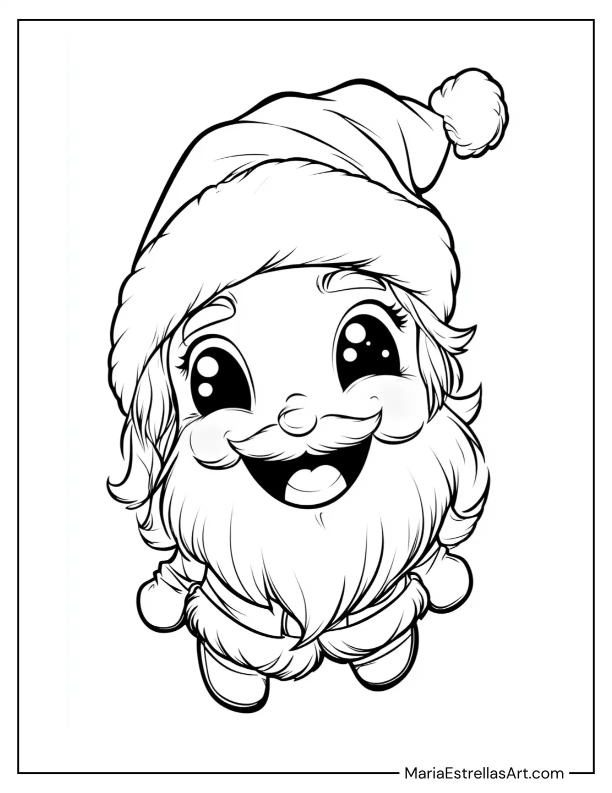 Chibi Santa With Sparkling Eyes and a Big Laugh Coloring Page