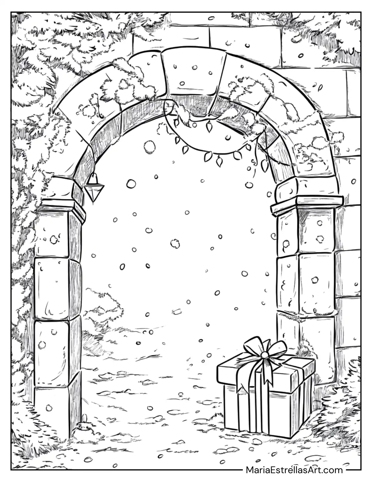 Christmas Box Sitting Under an Archway Coloring Page