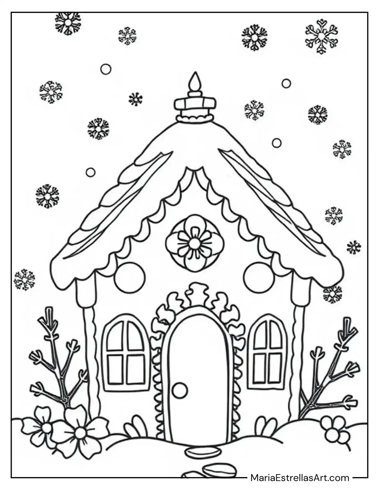 Christmas Gingerbread House Surrounded by Snowflakes to Color for Kids