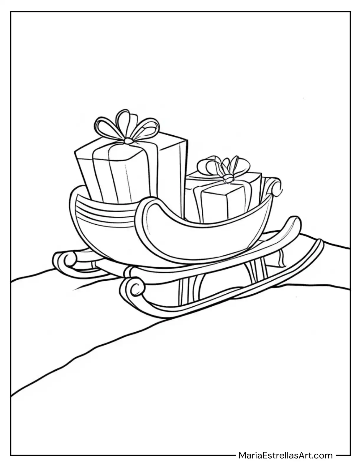 Christmas Present Carried by a Tiny Sleigh Coloring Sheet