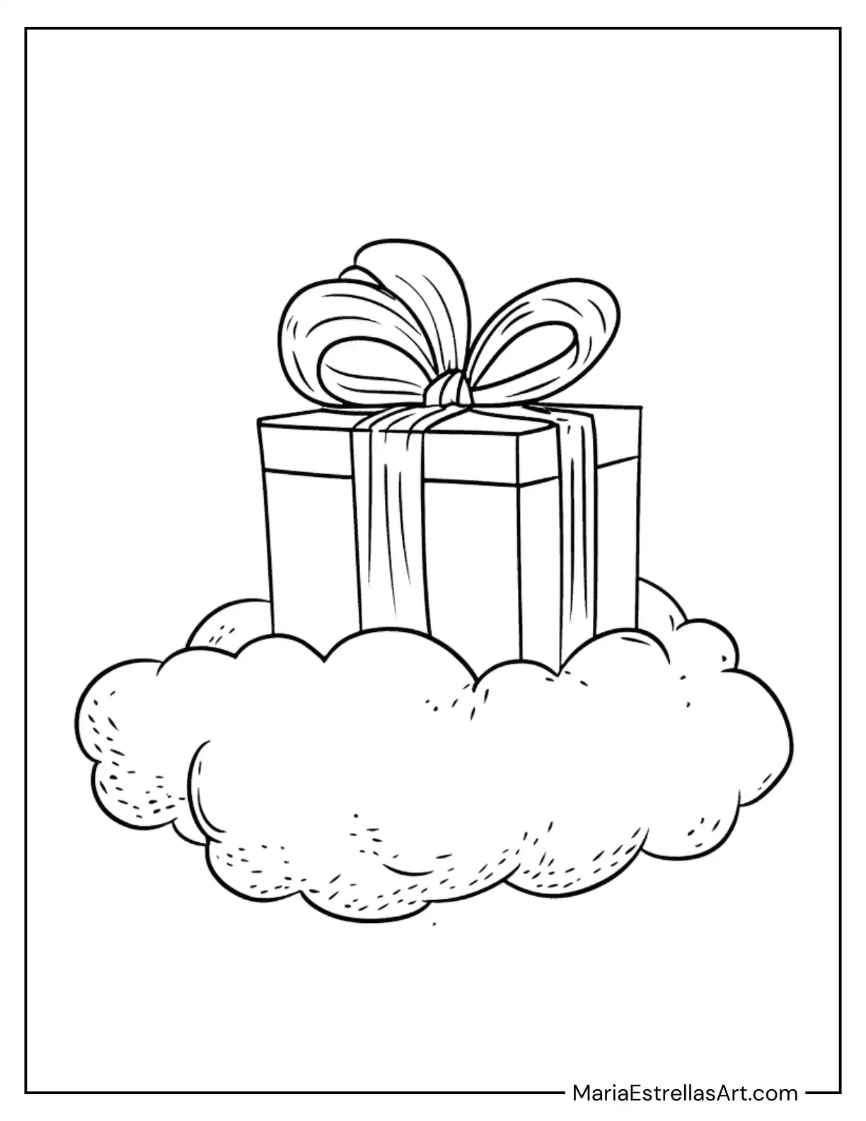 Christmas Present Sitting on a Floating Cloud Coloring Sheet