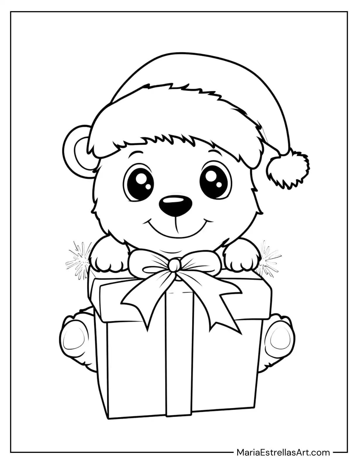 Christmas Present With a Cute Teddy Bear Peeking Out Coloring Page