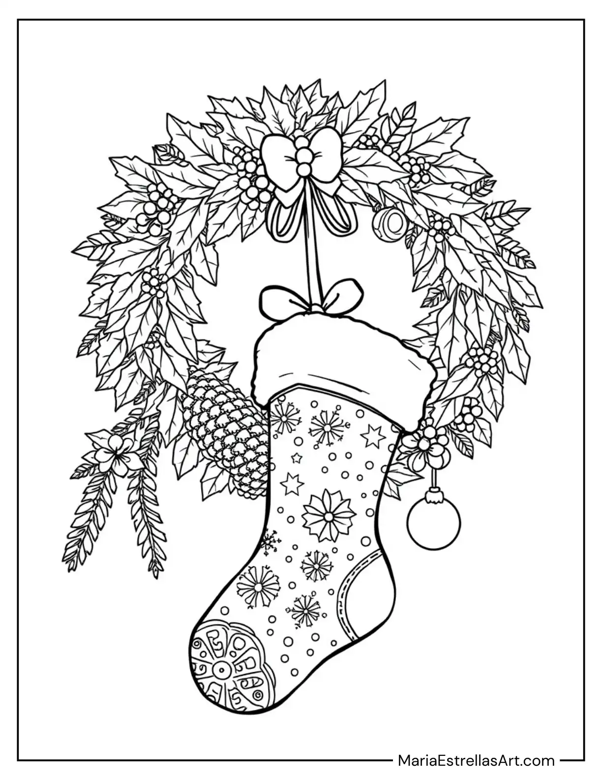 Christmas Stocking Hanging from a Wreath Coloring Sheet