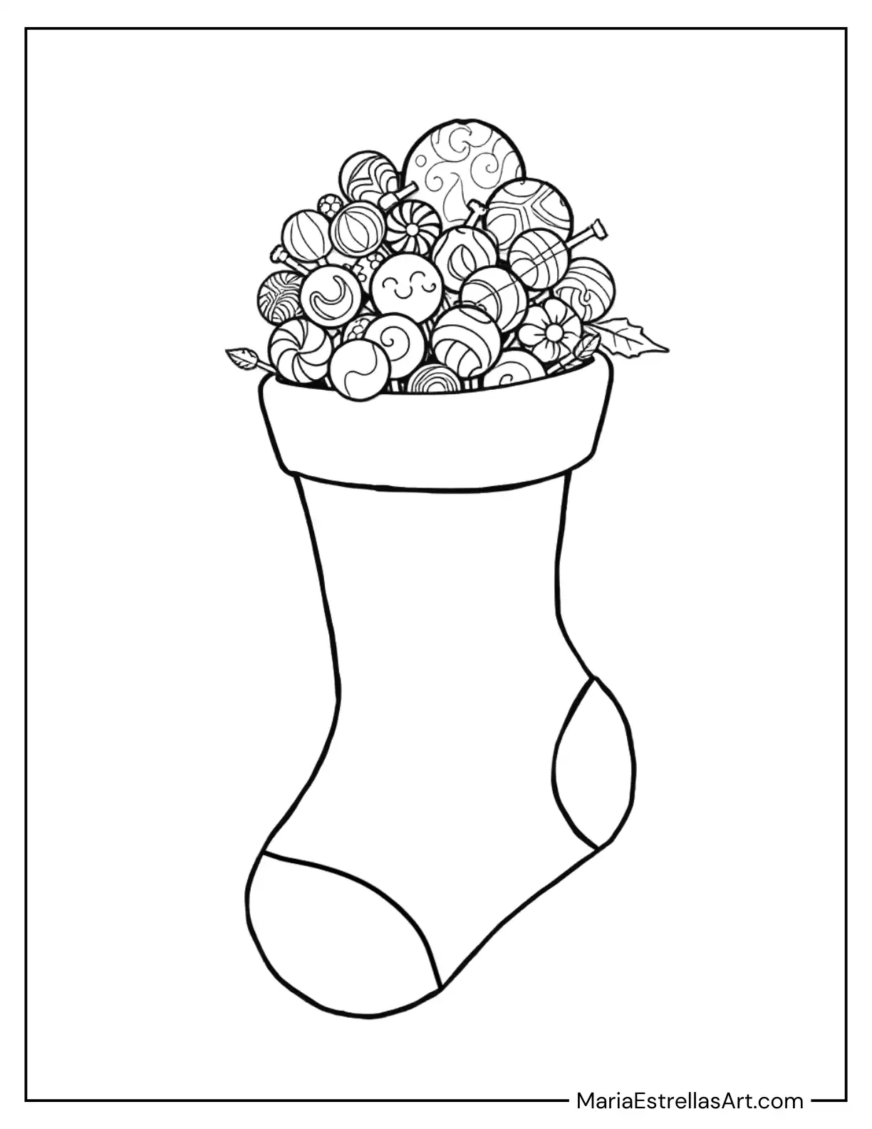 Christmas Stocking Overflowing With Gumdrops and Lollipops Coloring Sheet