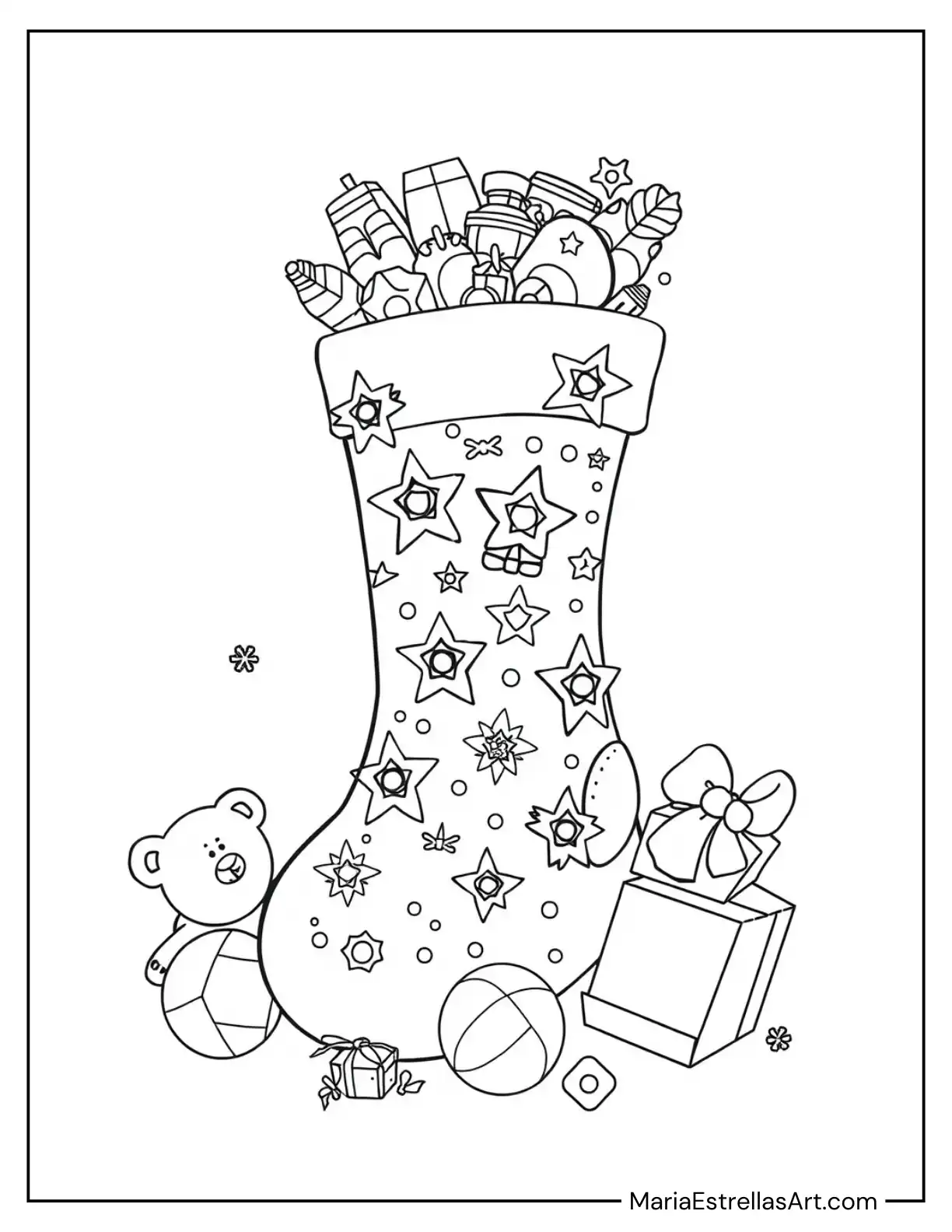 Christmas Stocking Overflowing With Toys and Presents Coloring Sheet