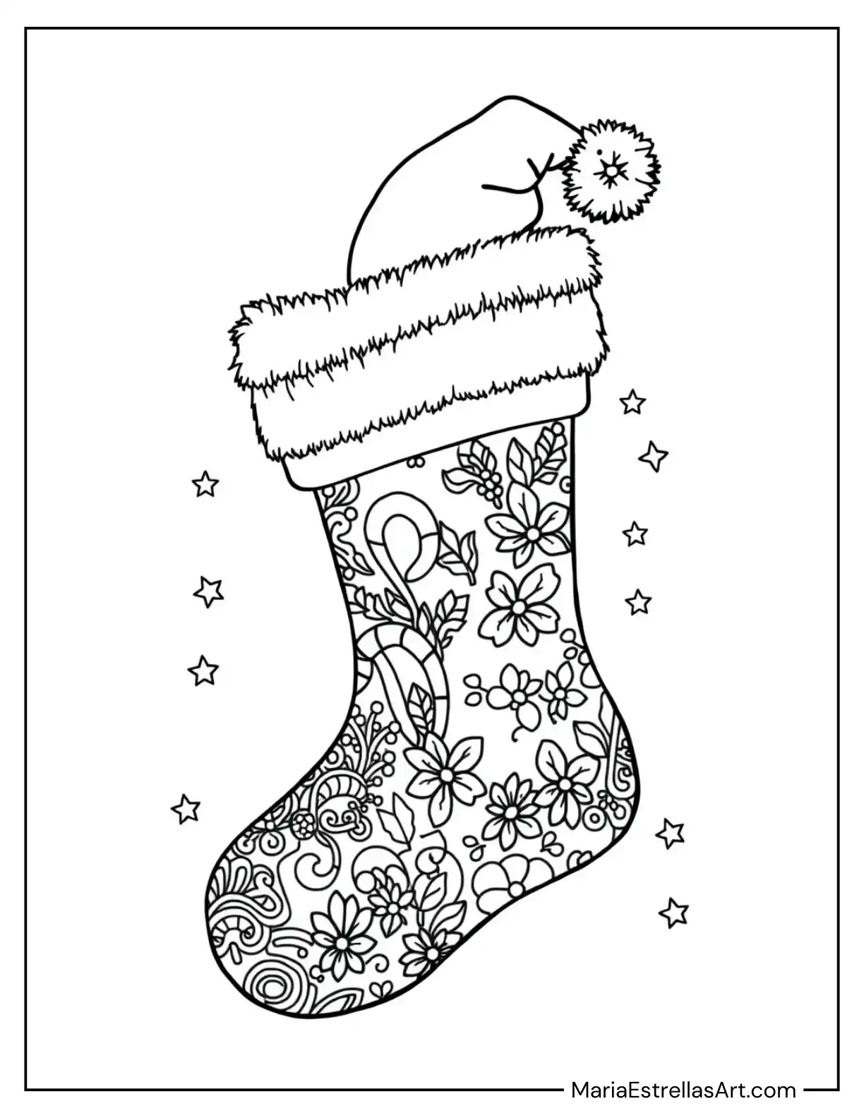 Christmas Stocking With a Santa Hat Coloring Sheet