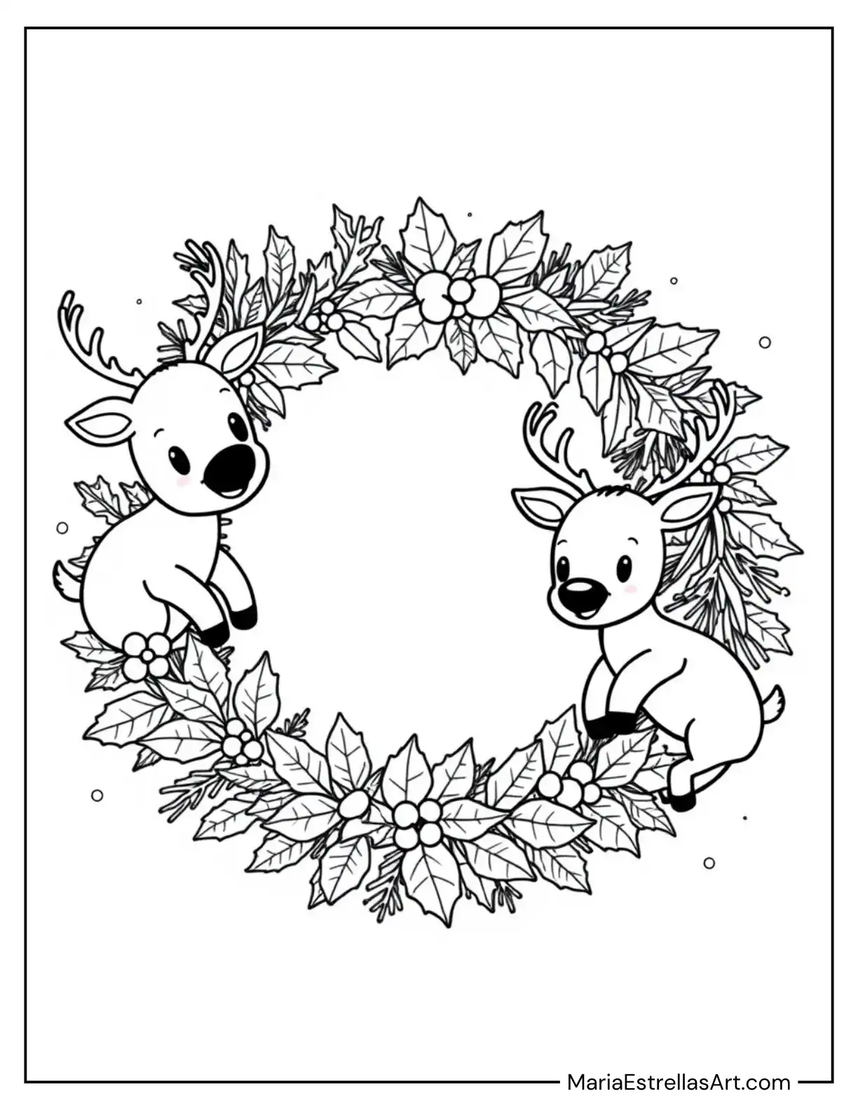 Christmas Wreath Featuring Chibi Reindeer to Color for Kids